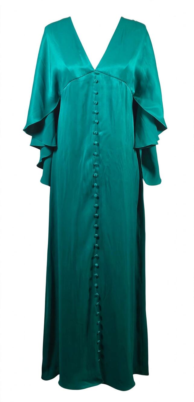 Massimo Dutti Studio Emerald Satin Cape Maxi Dress L Open Back Front Slit
